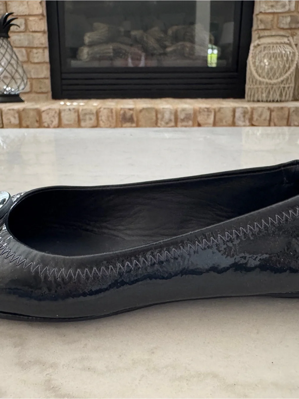 Tory Burch Black Patent Logo Round-Toe Ballet Flats